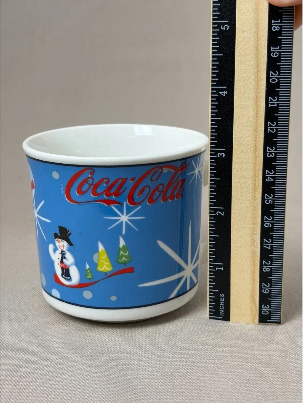 Coca Cola Laughing Snowman Coffee Mug Blue Christmas Retro Starburst Cup 10oz